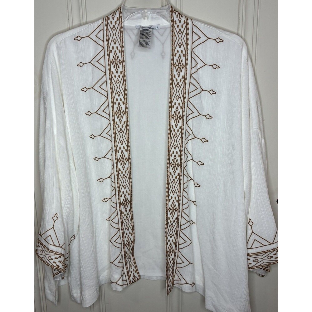 Chico's white embroidered open front kimono Sz L/XL boho chic‎ resort gauzy